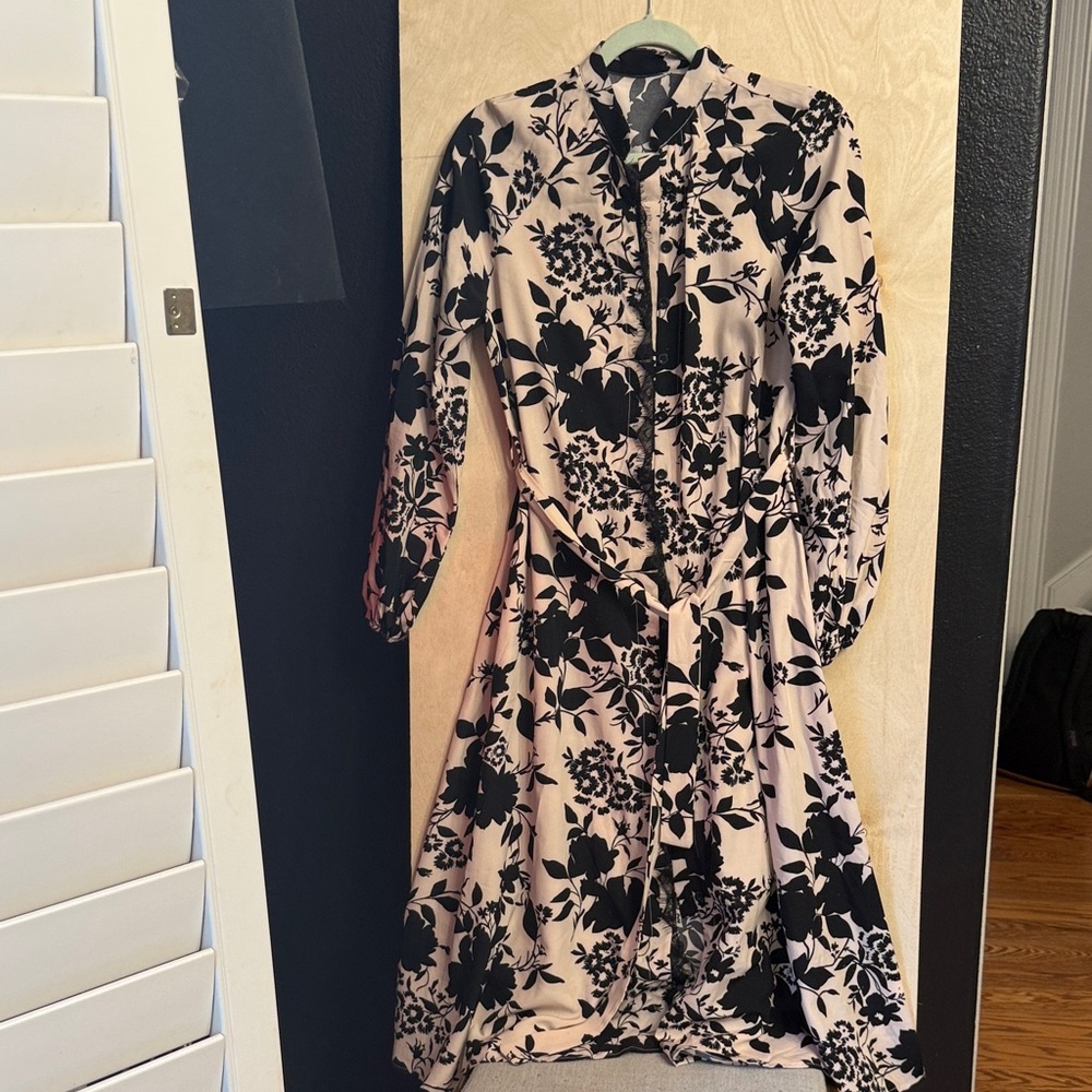 Floral Button-Front Belted Midi Dress in Blush and Black